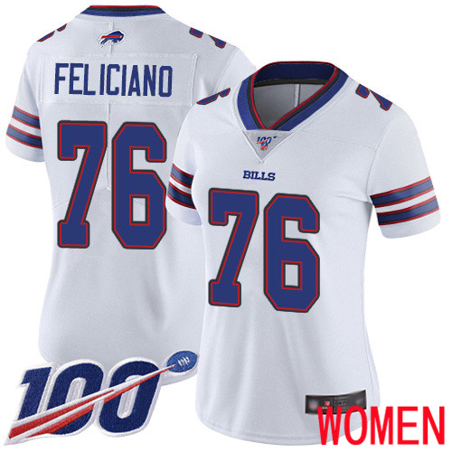 Women Buffalo Bills #76 Jon Feliciano White Vapor Untouchable Limited Player 100th Season NFL Jersey